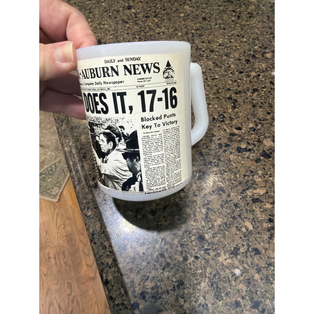 Vintage Fire-King Auburn Does It 17-16 Punt Bama Punt 1972 Milk Glass Mug News - Picture 2 of 5